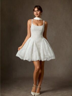 Azazie Dawn White Lace Fit-and-Flare Mini Dress with Scarf